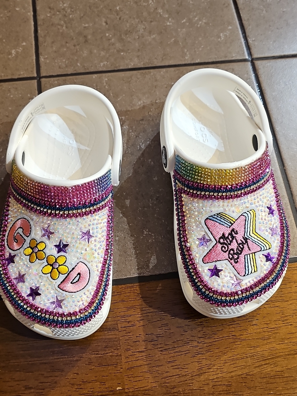 CROCS White Kids Glitter Clogs with Pink, Purple & Rainbow Accents